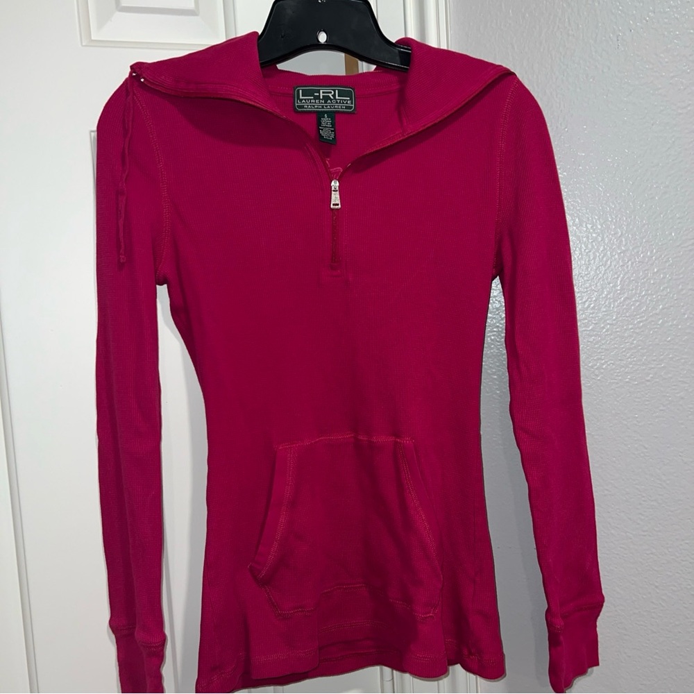 LAUREN RALPH LAUREN hot pink quarter zip thermal with logo on back.